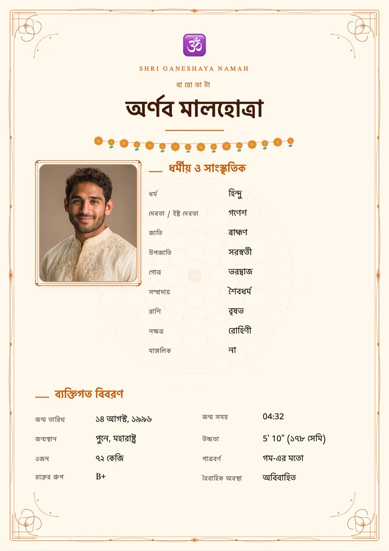 Classic Saffron marriage biodata template