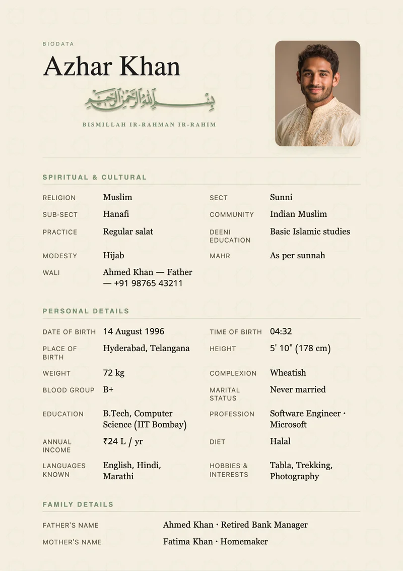 Madinah Ivory marriage biodata template