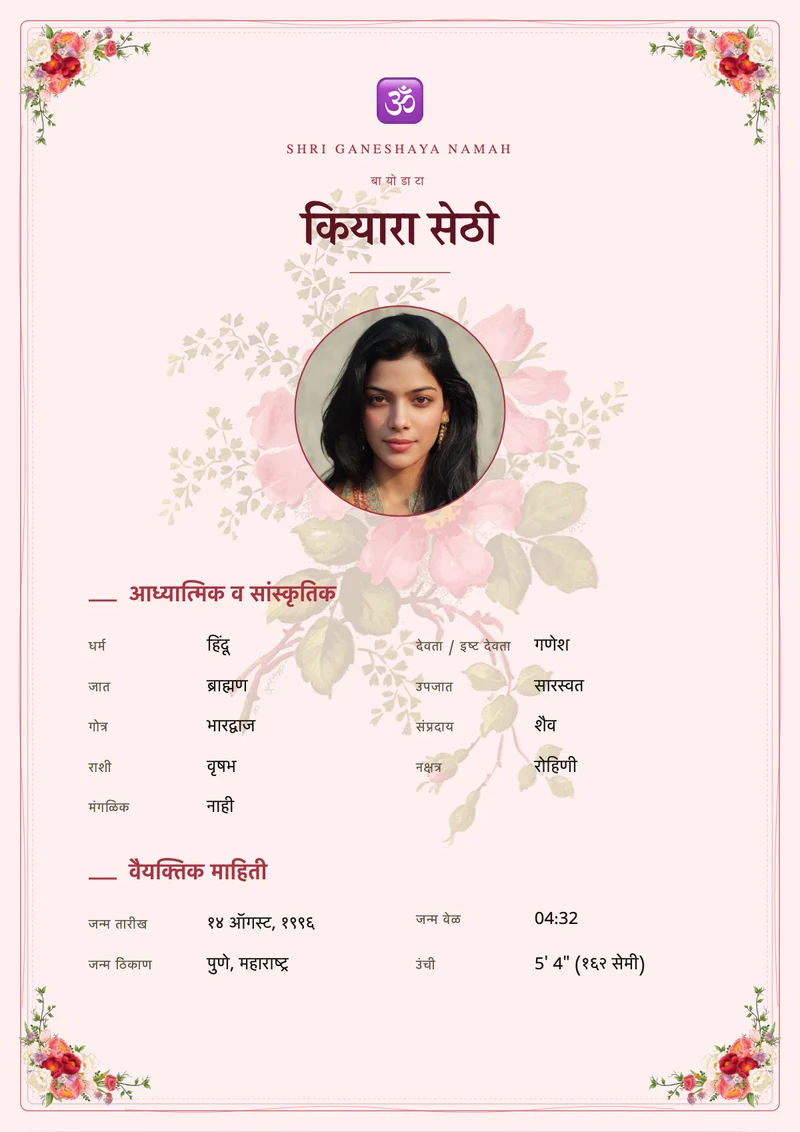 Botanical Rose marriage biodata template