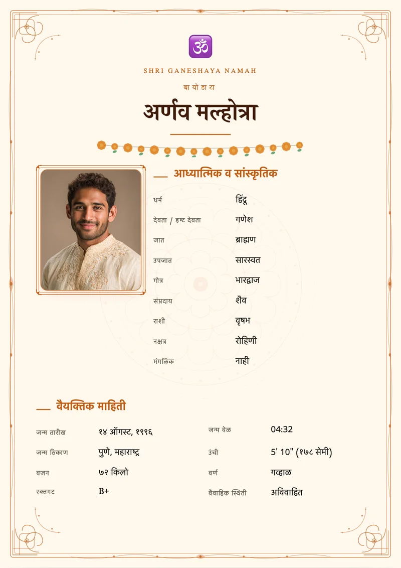 Classic Saffron marriage biodata template